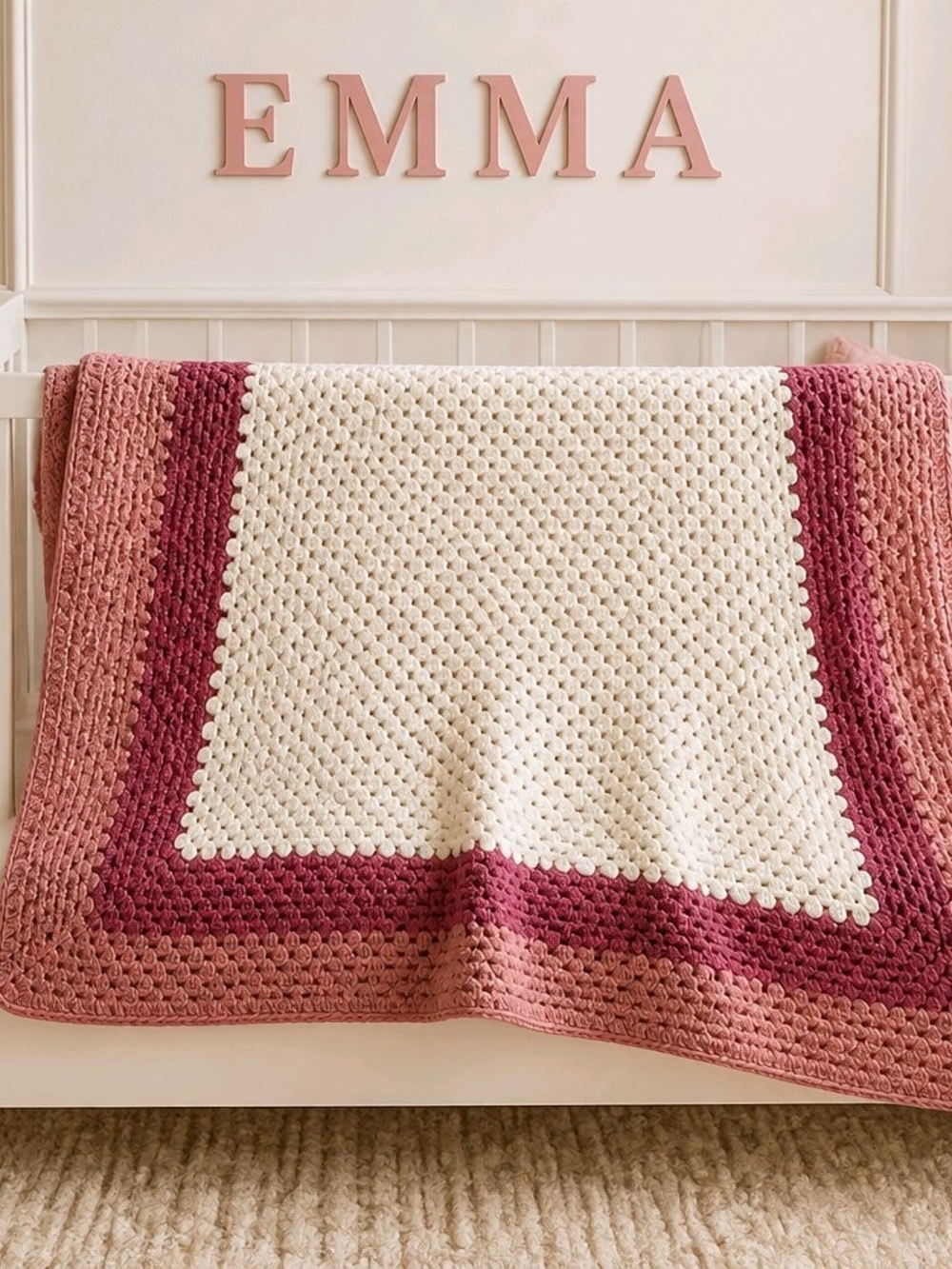 Handmade Cottagecore Crochet Baby Afghan Pink Cream Granny Square Blanket 50x50